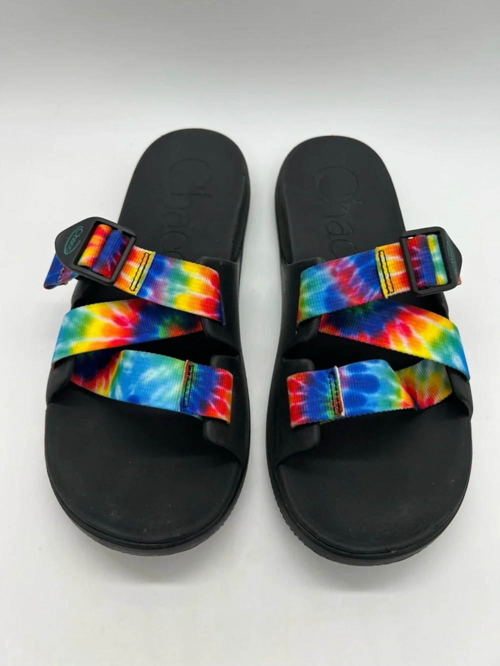 Chaco Women's Black Chillo Sandals with Rainbow Tie-Dye Straps